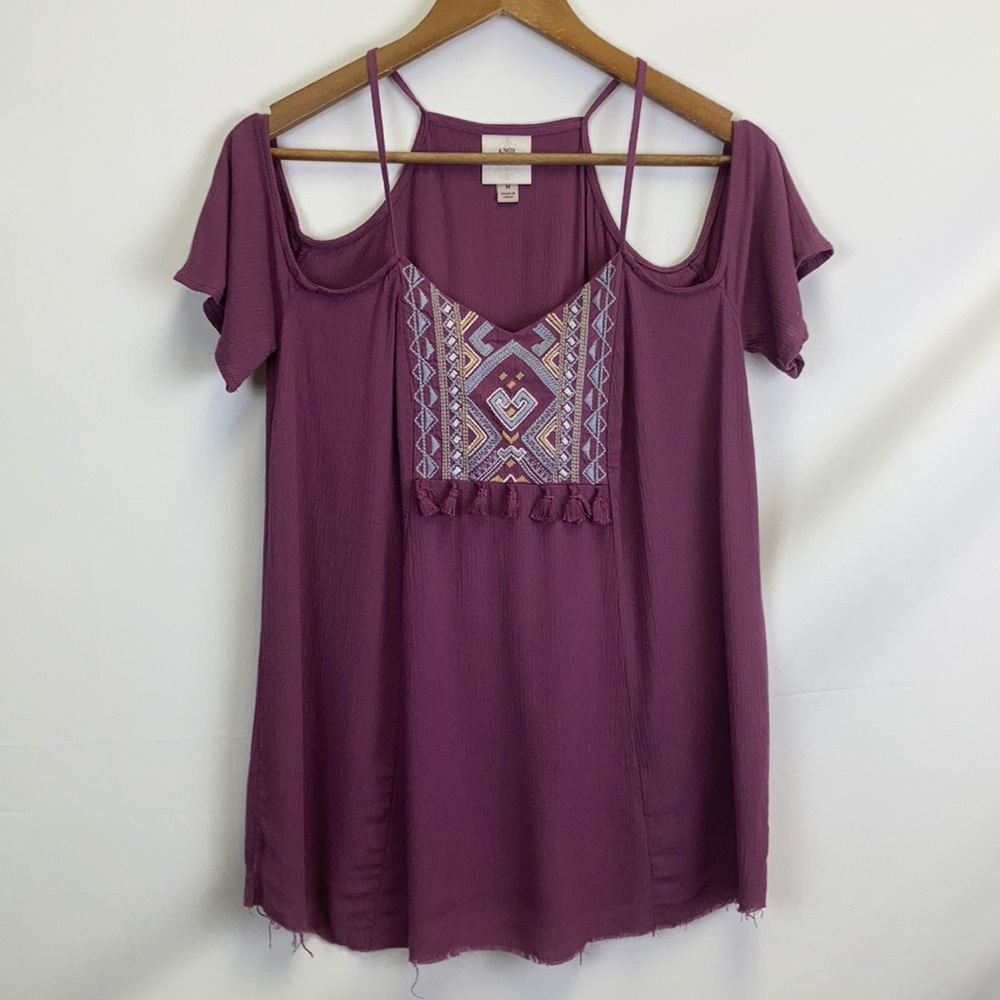 KNOX ROSE Cold Shoulder Boho Blouse Mauve Medium Embroidered Bodice
